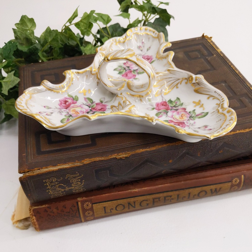 Vtg 50s Porcelain Trinket Relish Dish Divided‎ Candy Nut Dish Floral Rose Gold